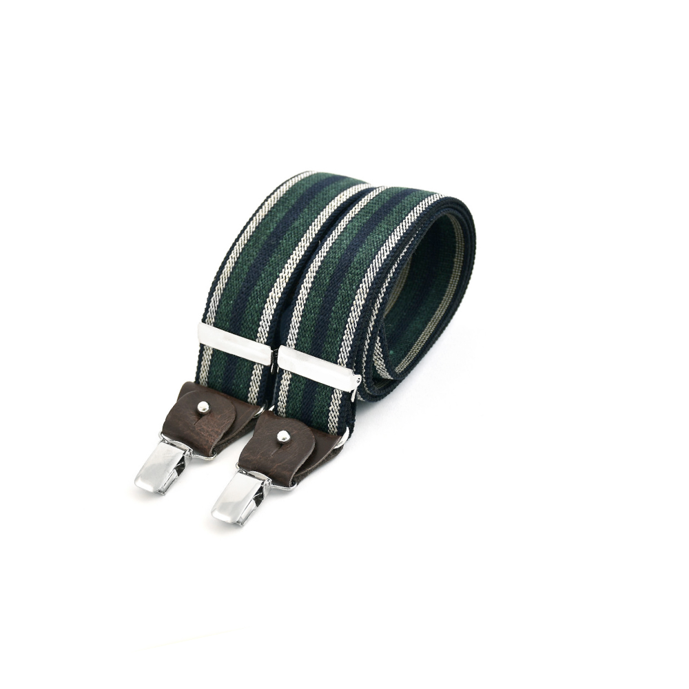 Skinny clip-on suspenders with leather details - Green and ecru stripe on navy blue